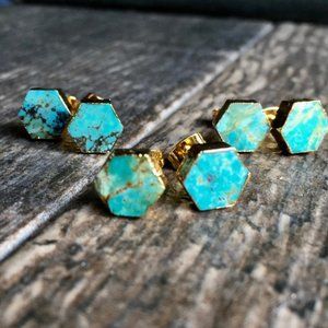 Raw turquoise gold stud earrings. Etsy Handmade.